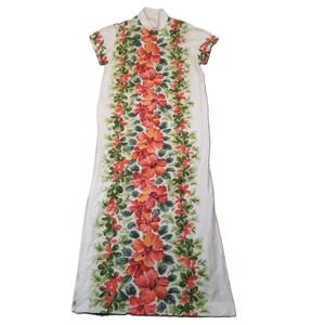 Vintage 60s Hawaiian Dress L White Red Hibiscus Floral Maxi Island Tropical